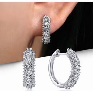 Silver Tone Triple Row Cubic Zirconia Huggie Hoop Earrings 17mm Hinged Closure
